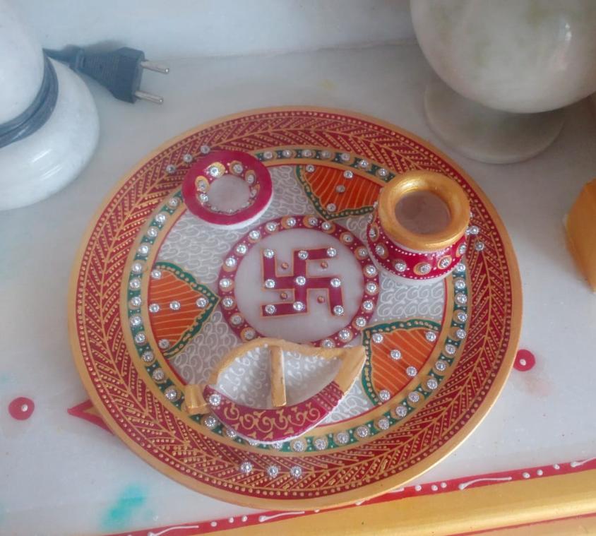 Stone Studded Marble Pooja Thali
