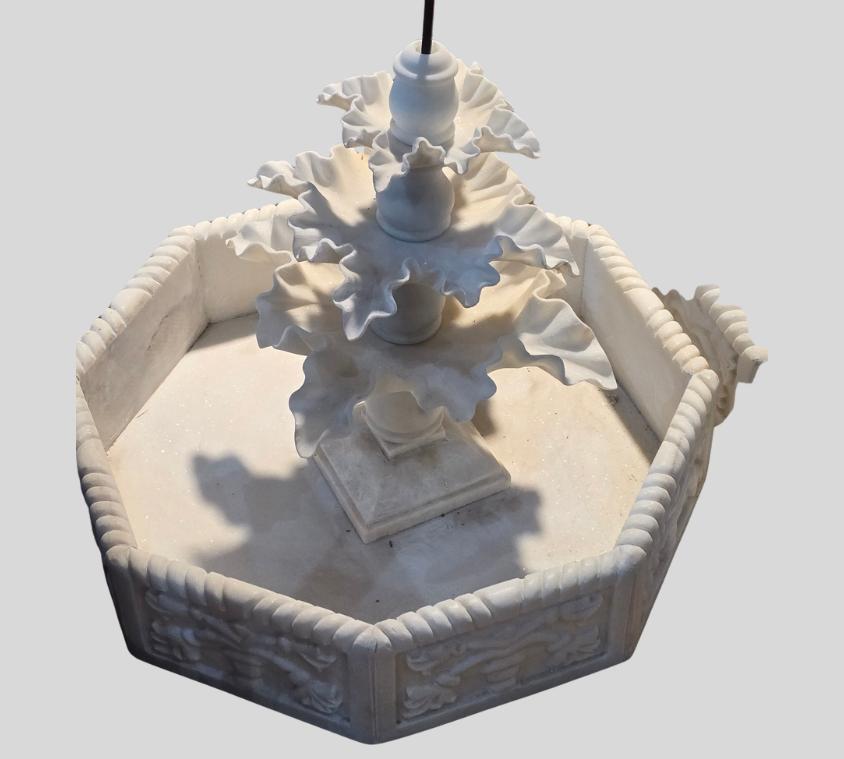 Tiered Leafy White Marble Fountain