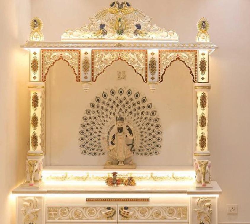 Ornate Led Peacock Marble Mandir