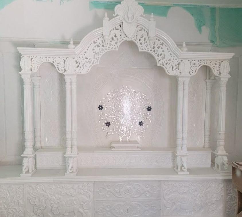 Pure White Floral Carved Marble Mandir
