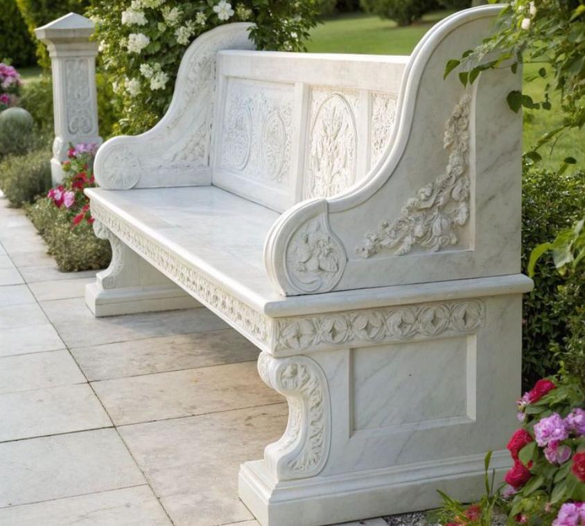 Ornate White Marble Garden Bench With Backrest