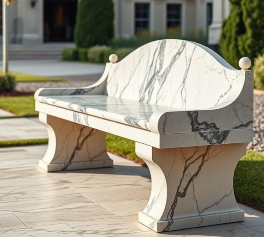 Modern Italian White Marble Slat Bench